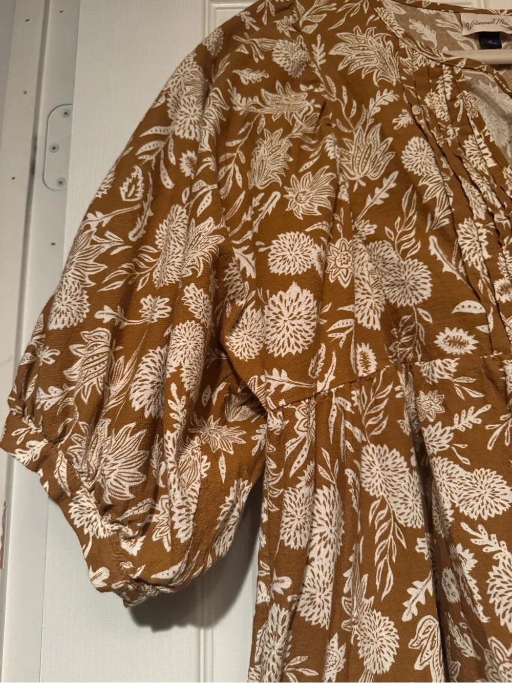 Universal Thread Sz XL Raw Umber Brown Floral Puff-Sleeve Cotton Mini Dress - Picture 4 of 13